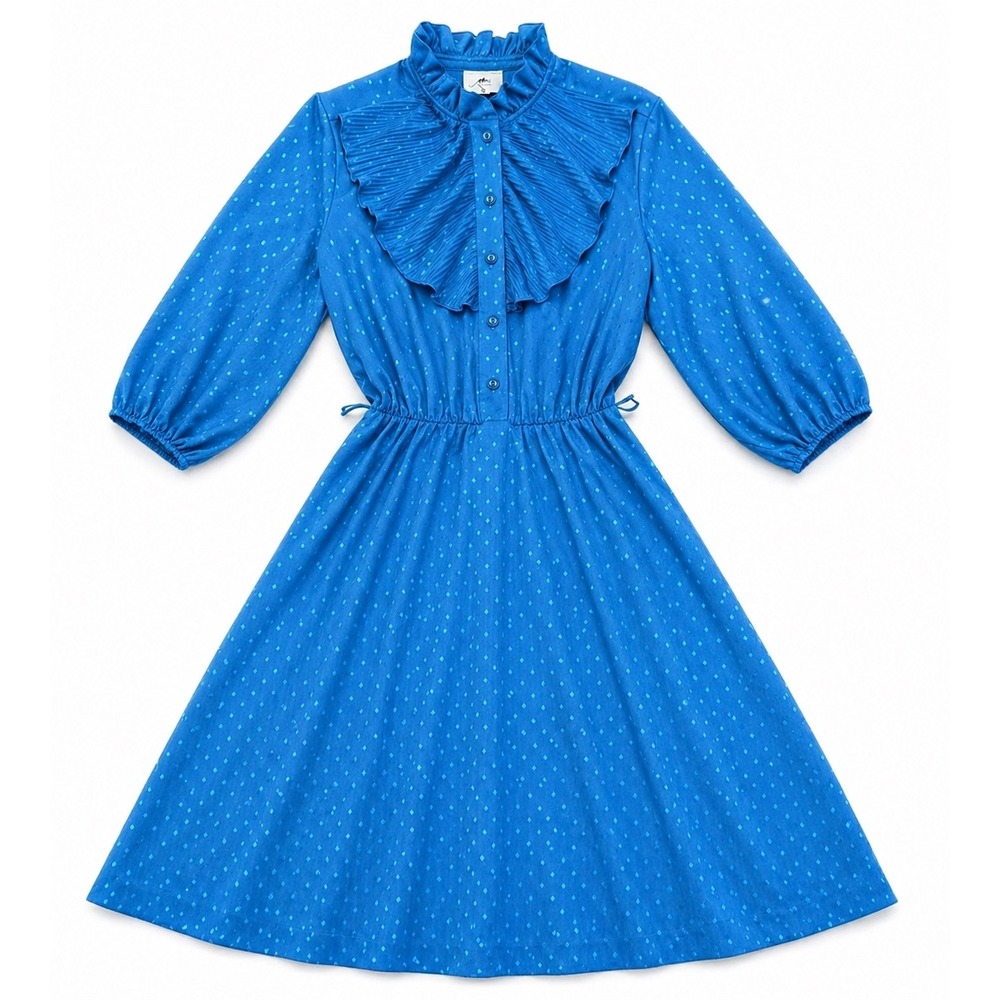 Vintage 70s Teal Prairie Dress By Queen's Row Inc- Ruffle Bib,‎ Secretary SZ 10